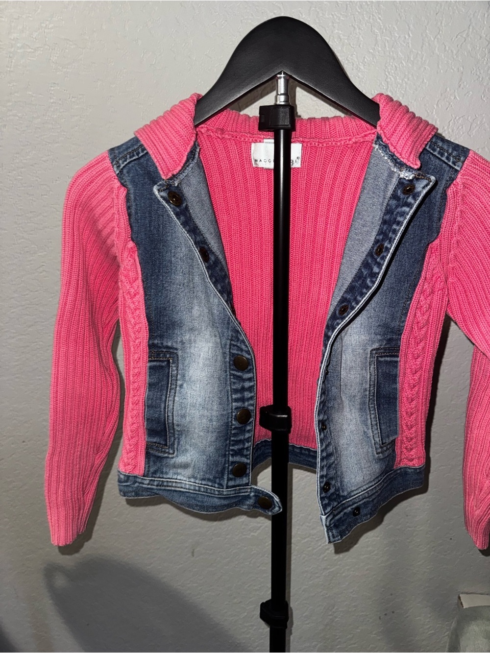 Maggie & Zoe Pink Knit Hoodie with Faded Blue Denim Jean Jacket